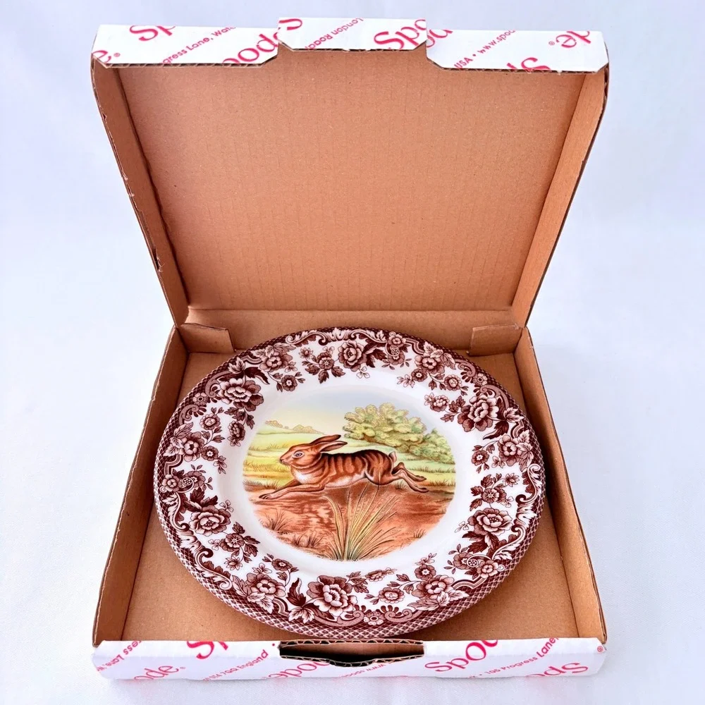 Spode Woodland Plate Rabbit Brown Floral Border Made in England S3422 with Box